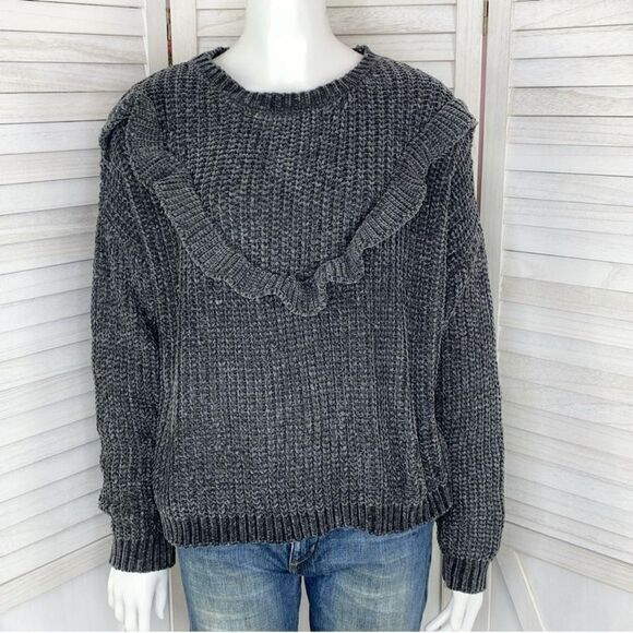 Just Found Ruffle Detail Chenille Sweater Gray Medium Crew Neck Waffle Knit - Picture 1 of 12